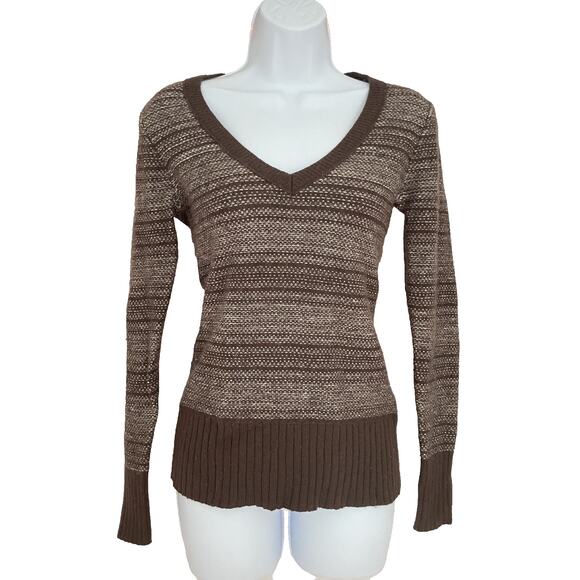 Vtg Y2K Fitted V Neck Sweater S Brown Striped Angora Blend Bella Swan Academia - Picture 1 of 8